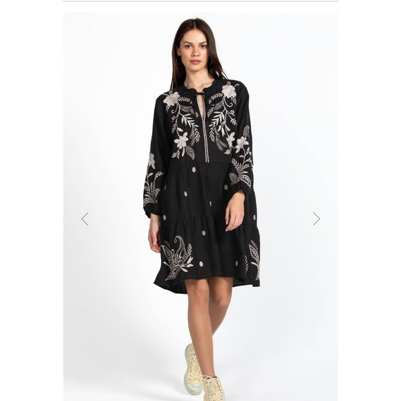 Johnny Was Black Linen Embroidered Frankie Tiered Field Dress Bird Boho Large - Picture 15 of 15